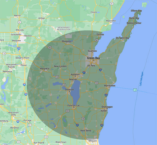 Map of Advantage Exteriors Service Area in Wisconsin